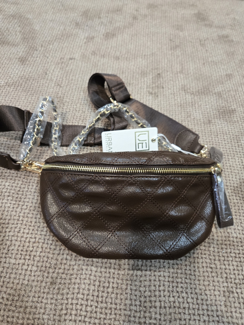 Urban Expressions Quilted Dark Brown Crossbody Belt Bag with Gold Hardware